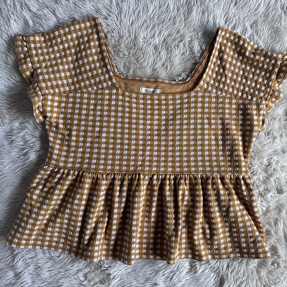 Madewell Gingham Knit Ruffle-Hem Top Yellow Mustard Plaid Peplum Size L - Picture 3 of 15